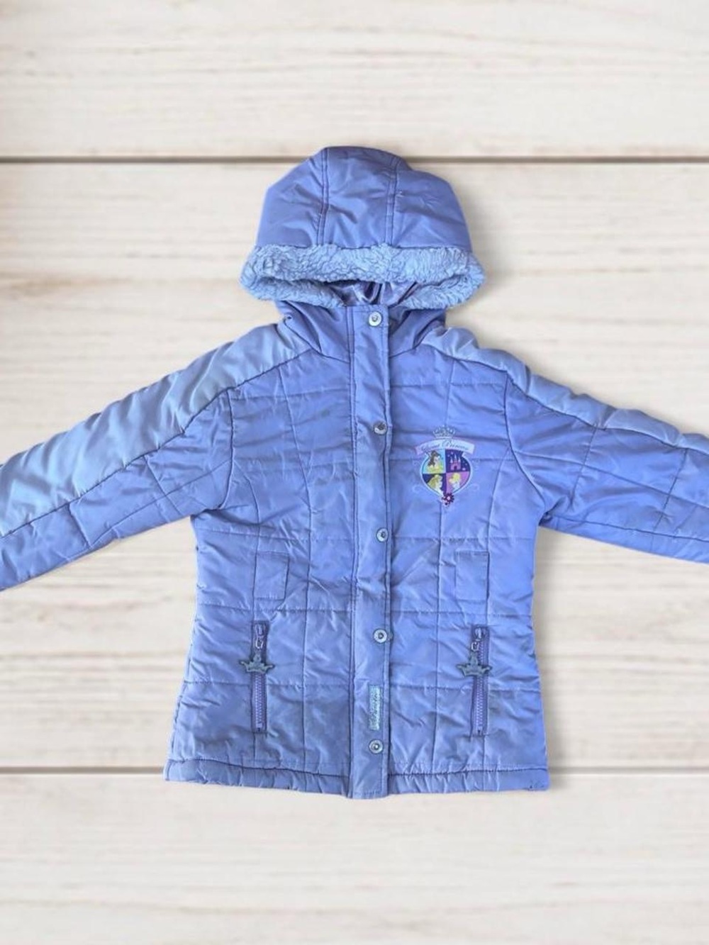 Disney Princesses Girls Tall 7/8 Purple Puffer Jacket Full Zip & Snap Faux Fur